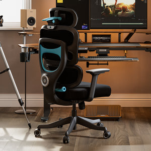 Axion Modern home office setup with a gaming chair, desk, and computer equipment Blue_Fabric