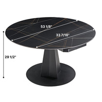 Amelia Round Extending Dining Table in Black Granite With Dimension Details, Modern Design, Extends From 33 to 53.