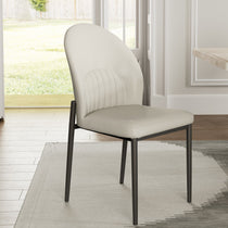 Off-White Leather Dining Chair With Black Metal Legs. Chic Minimalist Design Dining Room Set of 2.