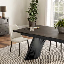 Charlotte Extendable Dining Table With Sintered Stone Top, Black Metal Legs, Modern Dining Room With White Chair.