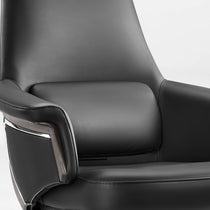 Eureka Ergonomic Royal Renee executive office chair armrest and lumbar detail with black microfiber leather and stitching.