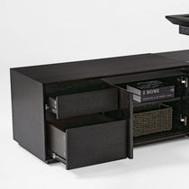 Eureka Ergonomic Zen Classic Executive Standing Desk: dark wood cabinet interior with open drawers, metal slides, books, and basket.