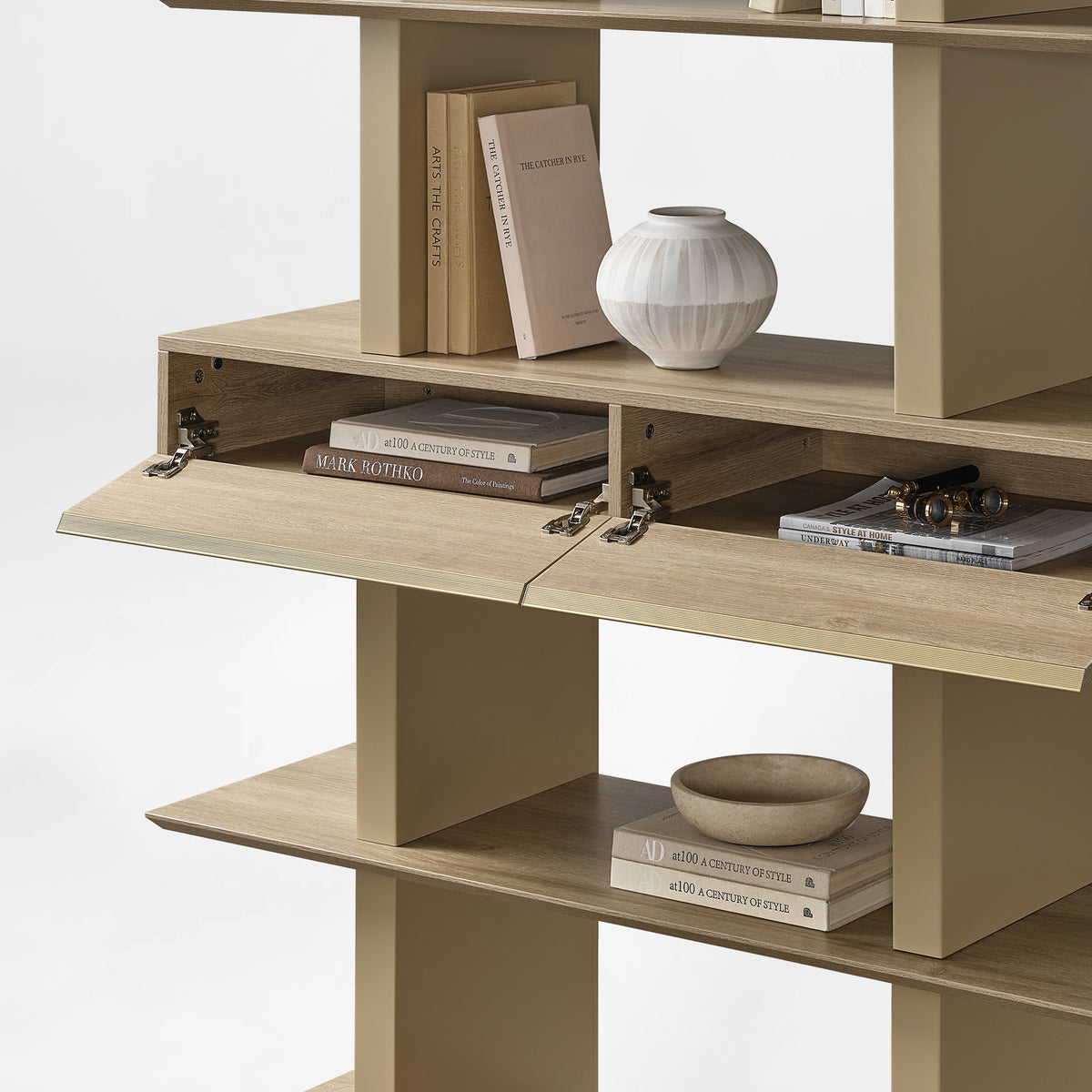 Eureka Ergonomic Ark 78 inch oak bookshelf with drawers and drop-down cabinet showcase