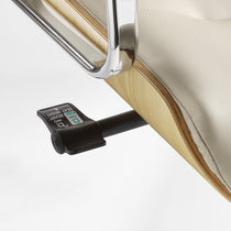 Eureka Ergonomic close-up of the beige Mathias Mason chair's oak shell, seat lever, and controls