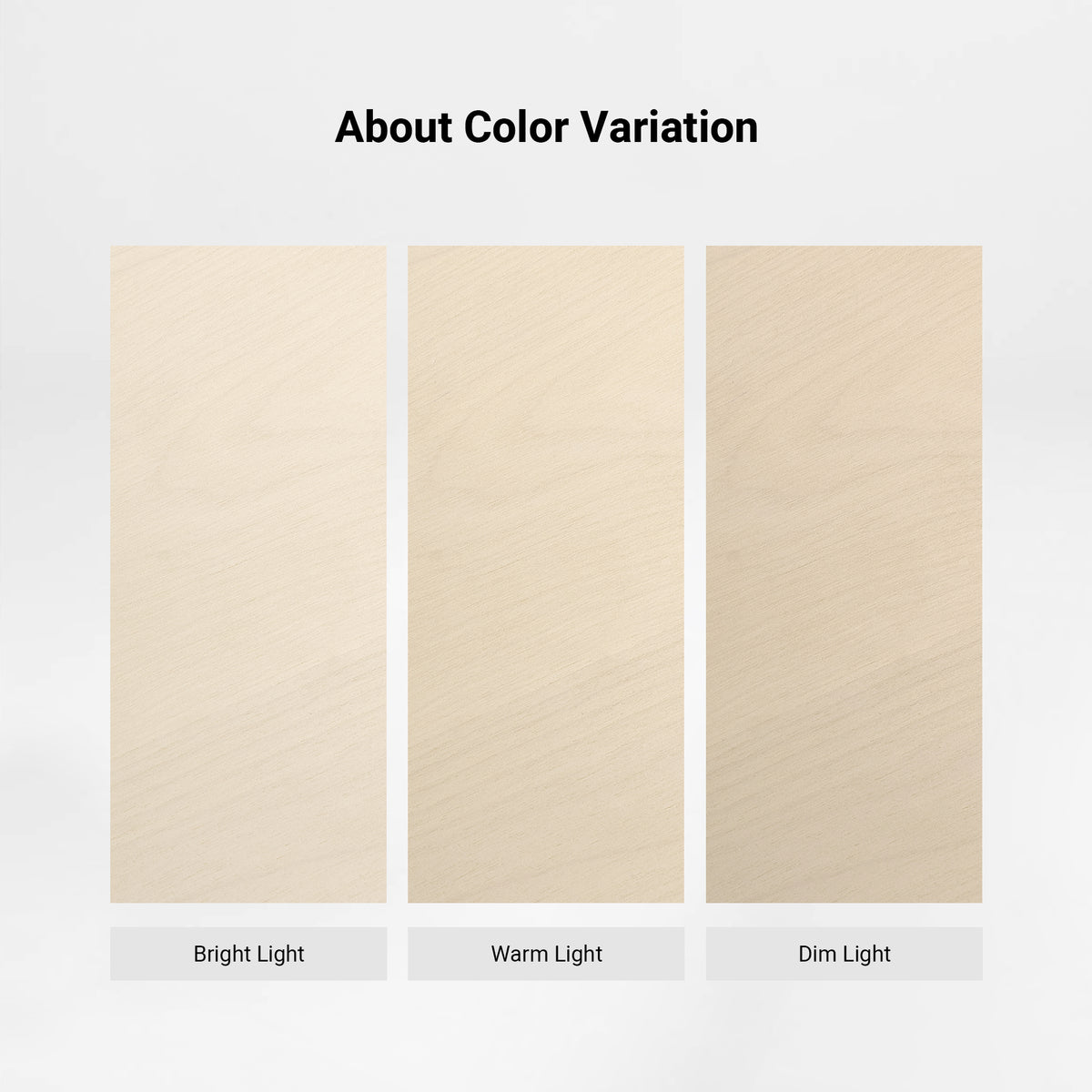 Eureka Ergonomic Opal file cabinet color variation chart showing the cream finish under bright, warm and dim light