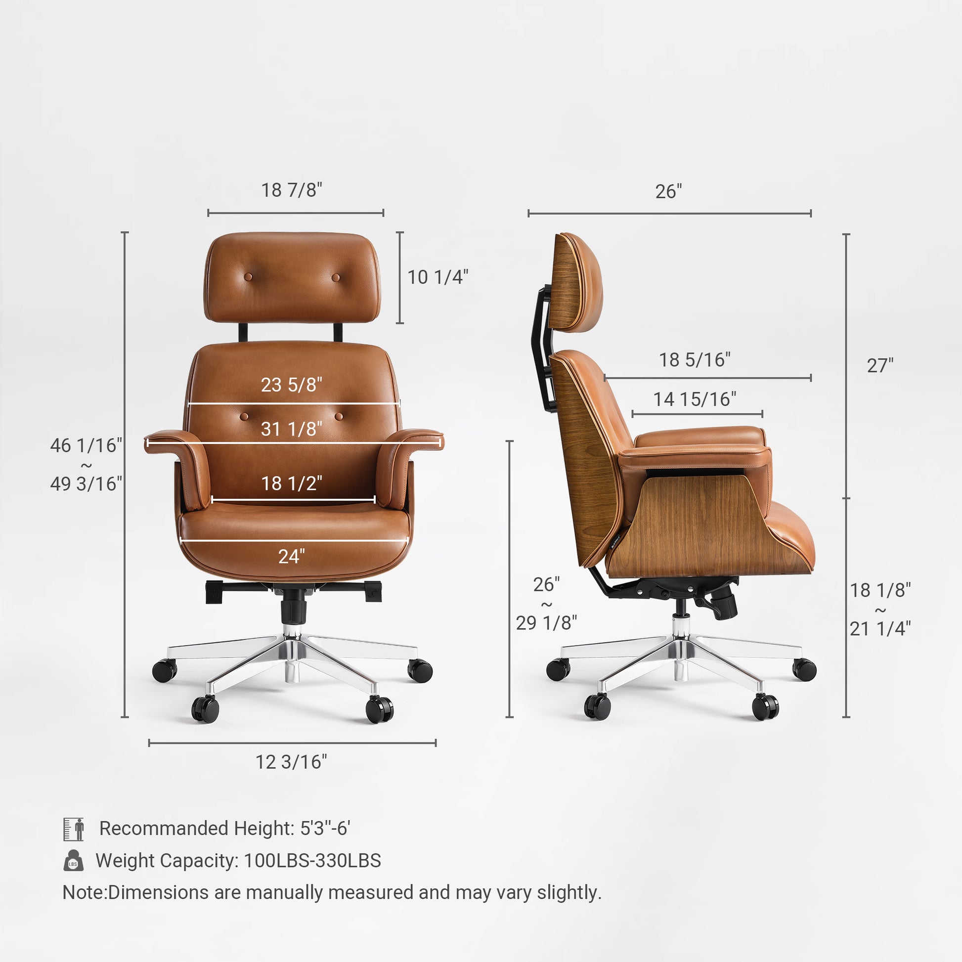 Eureka Ergonomic Mathias brown leather chair dimensions chart