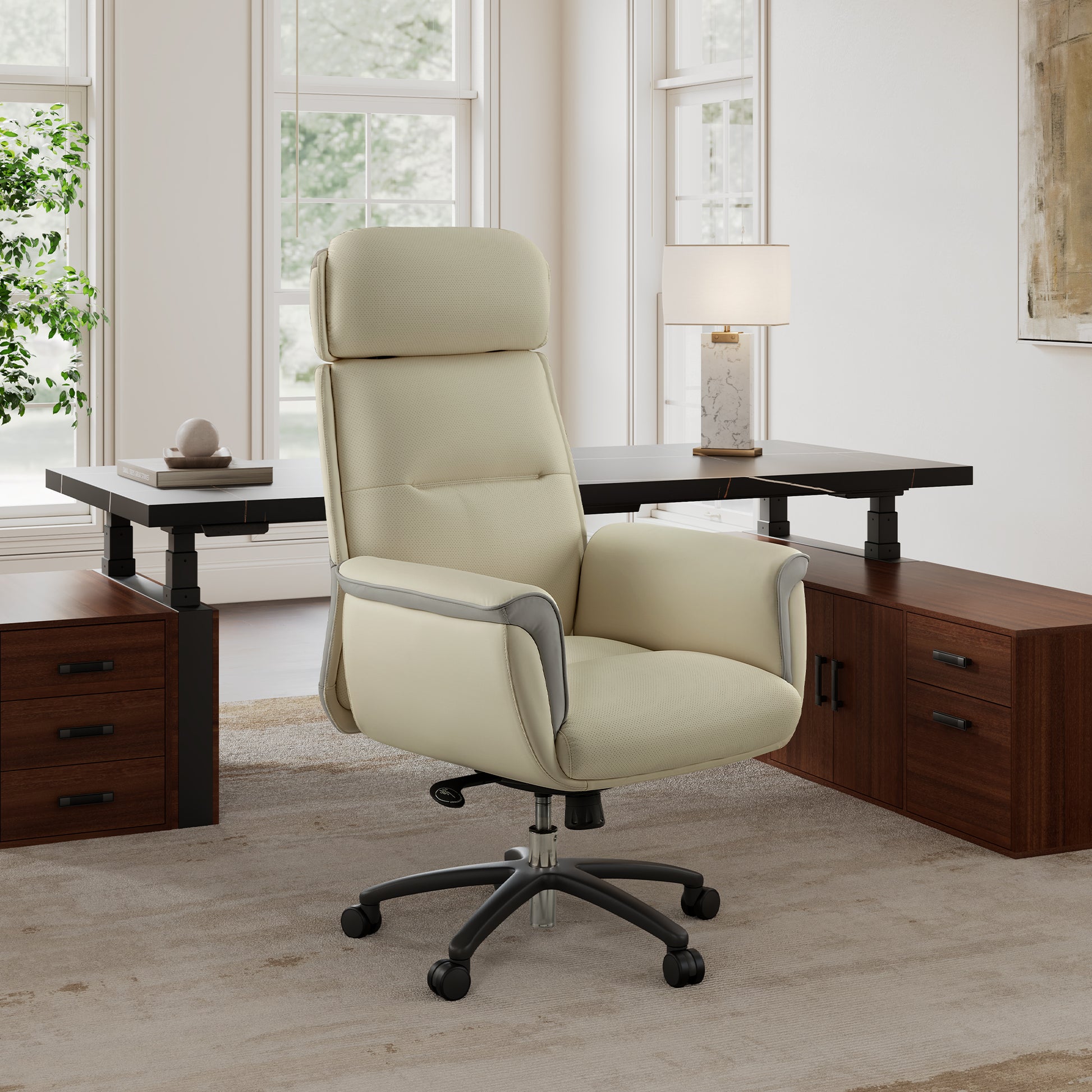 Royal Microfiber Leather Executive Office Chair in Ivory, Ergonomic Design, Home Office Furniture.