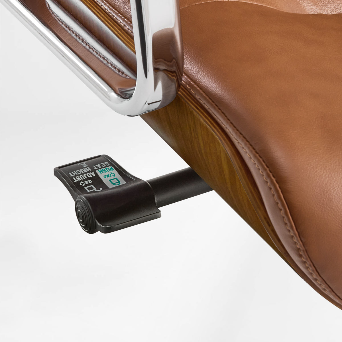 Eureka Ergonomic close-up of the brown Mathias Mason chair's walnut shell, seat lever, and controls