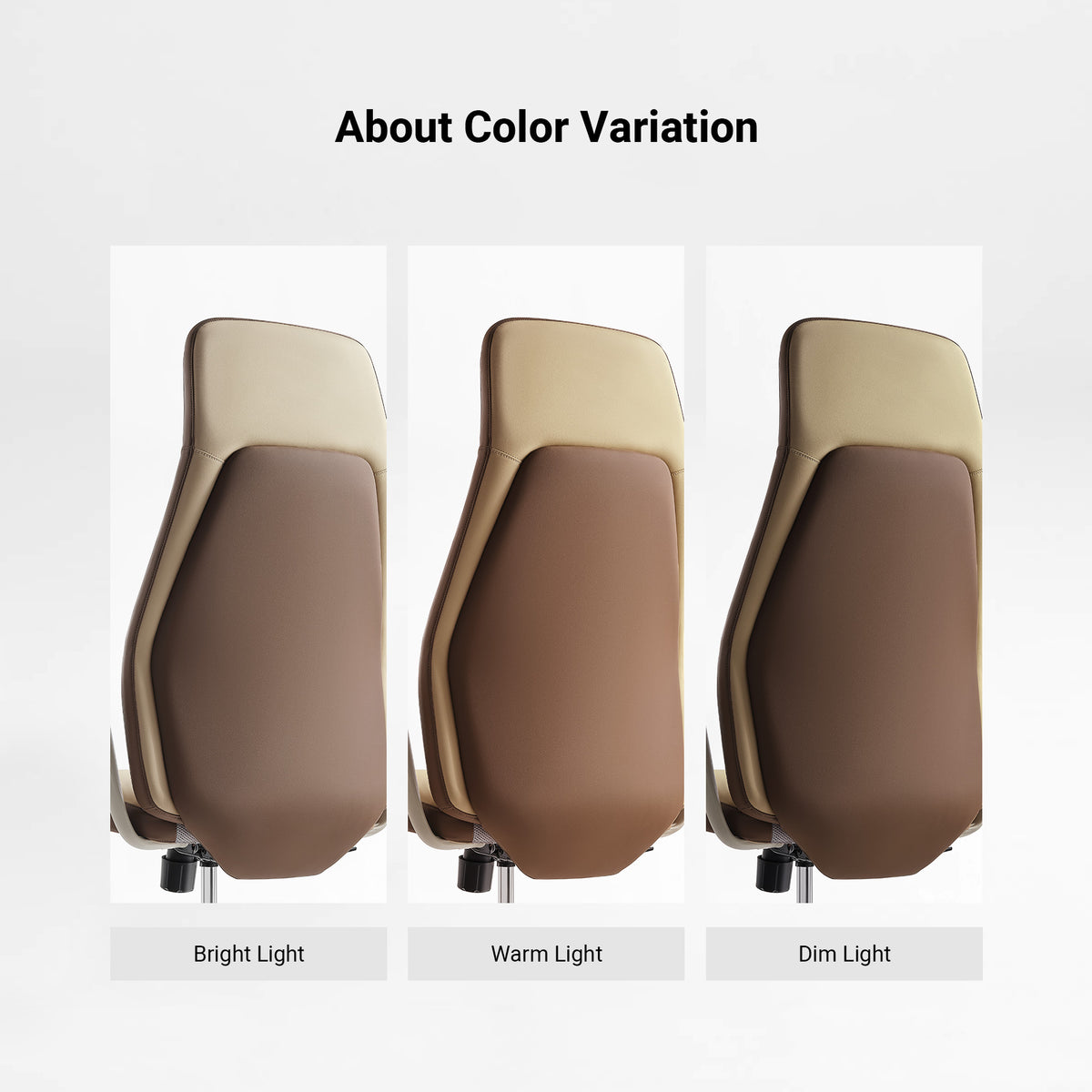 Eureka Ergonomic Clara Faux Leather Executive Office Chair back showcasing color variation under warm, bright, and dim light.