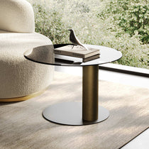 35 Brown Coffee Table Set With Bronze Base and Glass Top, Next to a Cream Colored Sofa, Bronze Bird Decor and Book.