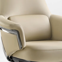 Eureka Ergonomic Light beige Royal Renee executive office chair armrest detail with microfiber leather, stitching, and carbon fiber accent.