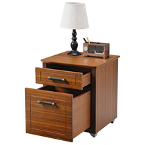 Dark Walnut 2-Drawer File Cabinet With Open Drawers and Lamp, Perfect for Home Office Storage.