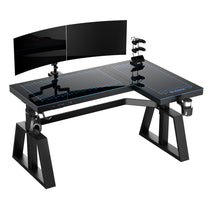 Eureka Ergonomic GTG-L60 Pro Black Glass L-Shaped Gaming Desk With Rgb Lighting and Curved Monitors.