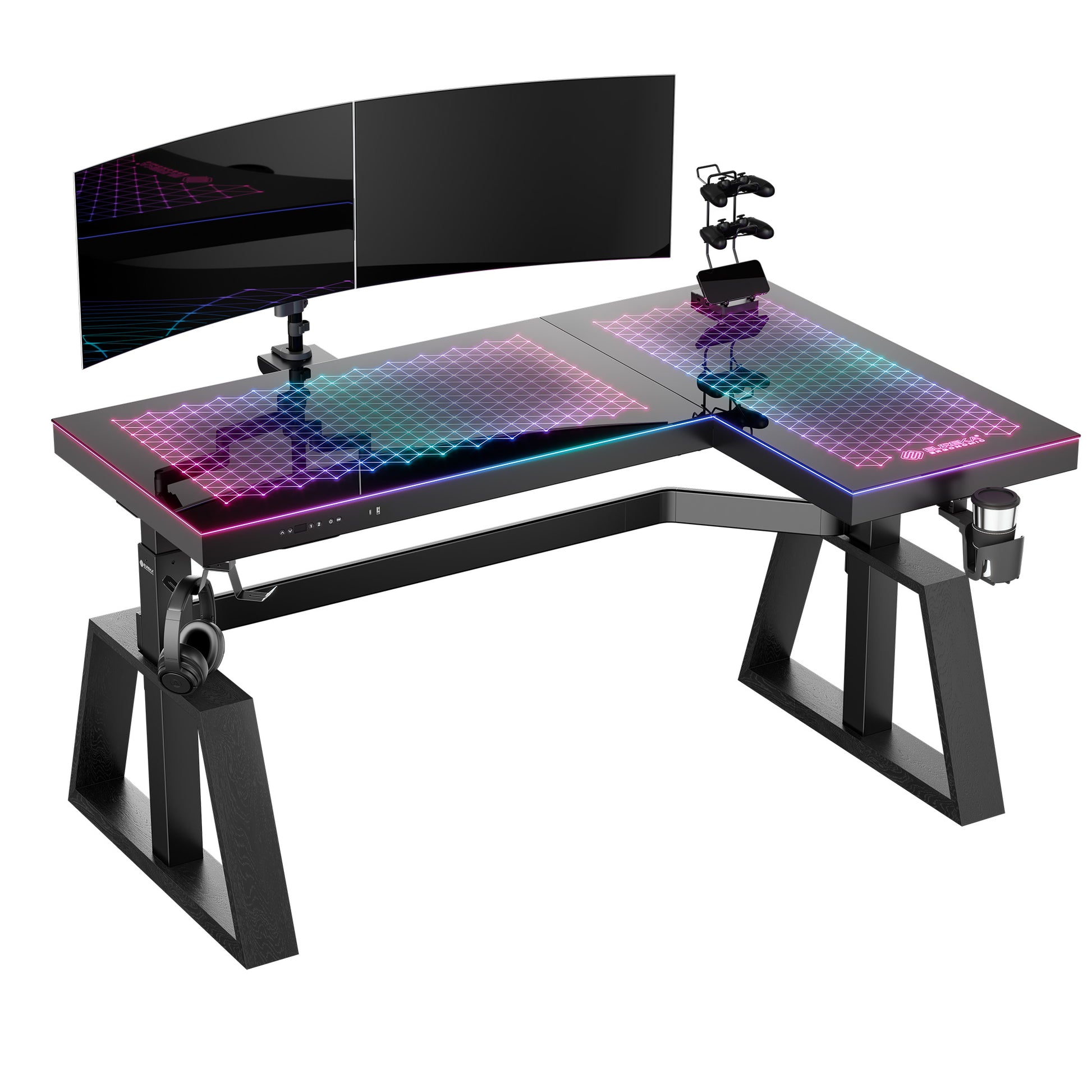 GTG-L60 PRO, L-Shaped Glass Desktop Gaming Standing Desk, Black-colored, Right Sided, RGB Light Up Gaming Desk, Glass Top, Product Image
