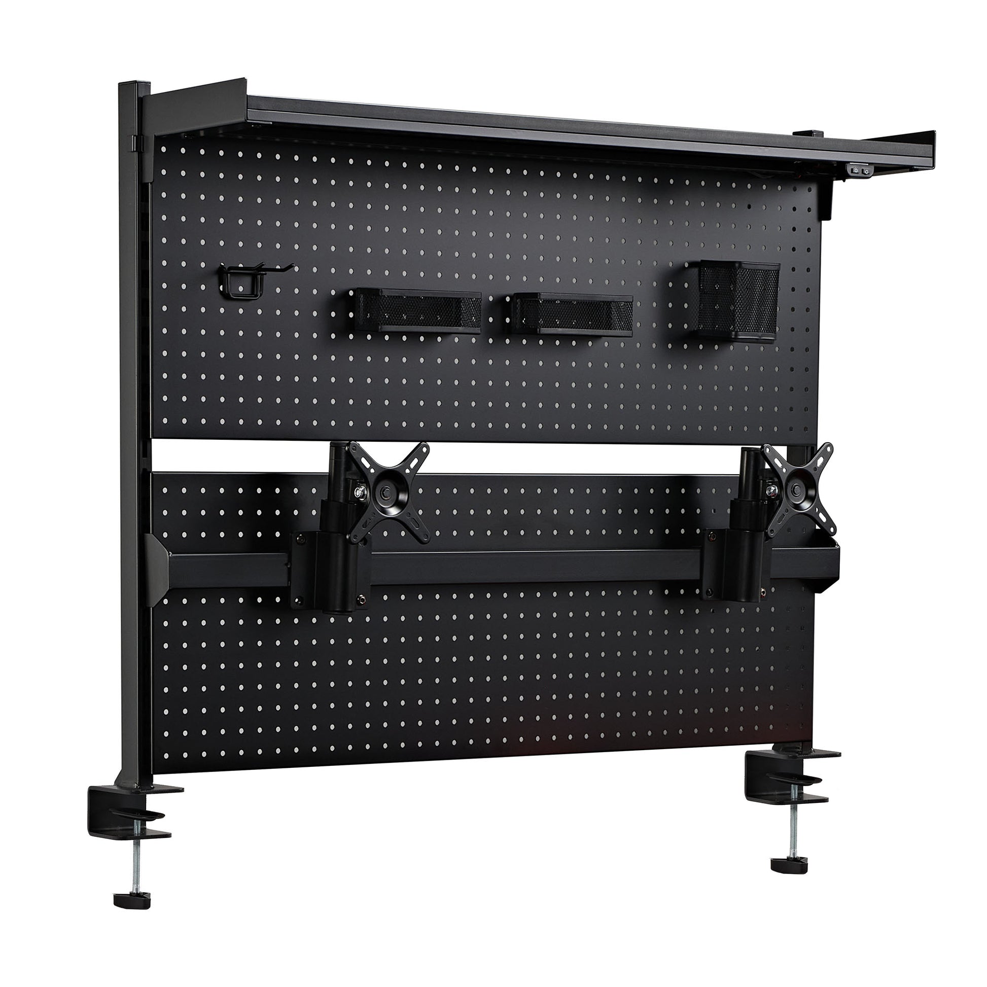 Clamp-on desk pegboard with dual monitor mount