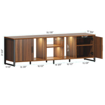 Sonoma 70 Tv Stand Dimensions, Wood Grain Finish, Black Steel Frame, Cabinet Doors and Adjustable Shelves.