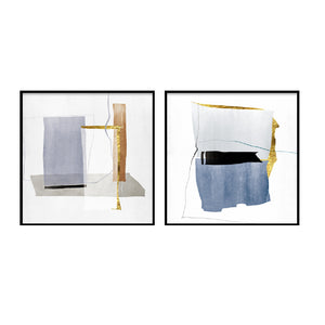 Set of 2 Abstract Wall Art Prints in Blue, Gold, Gray, and Brown Geometric Shapes, Framed.