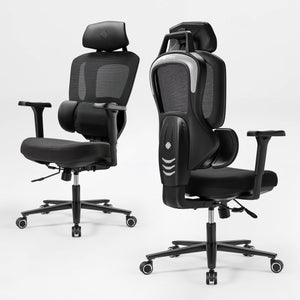 Front and back view of an ergonomic office chair, black|eurekaergonomic