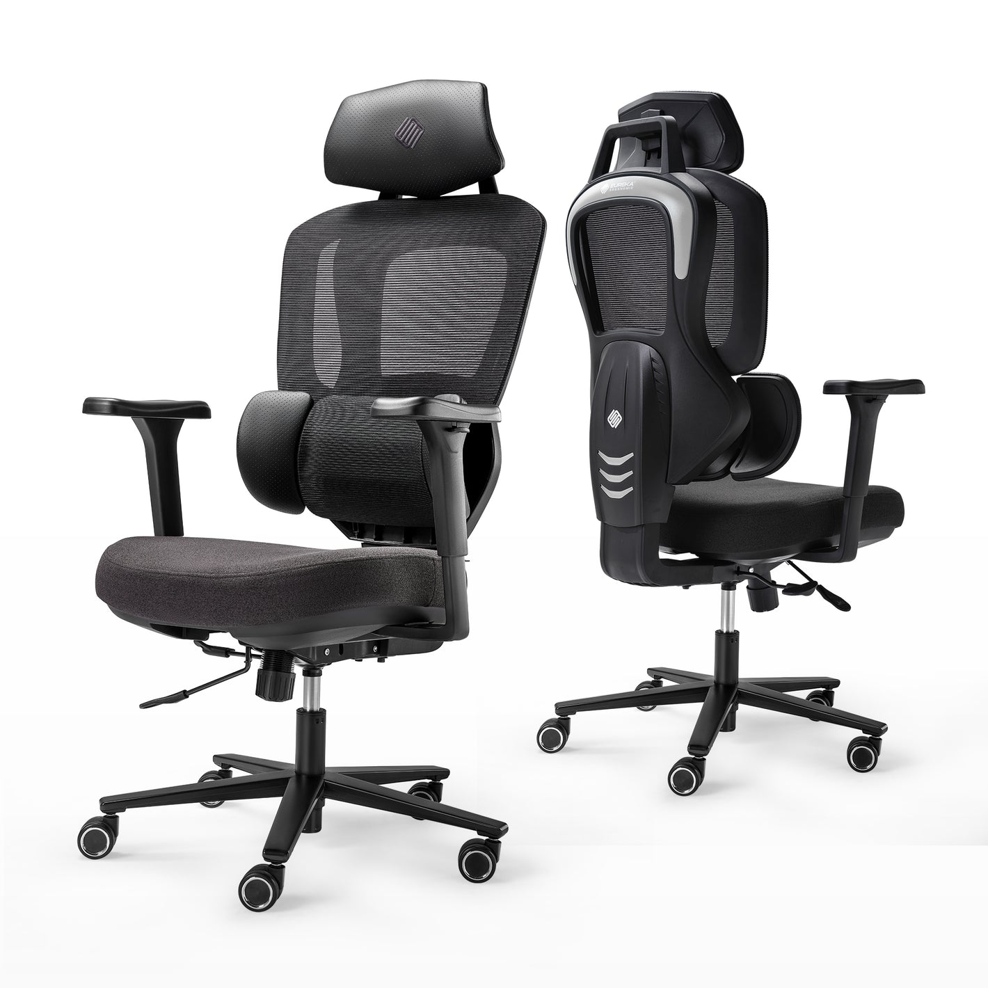 Front and back view of an ergonomic office chair, black|eurekaergonomic