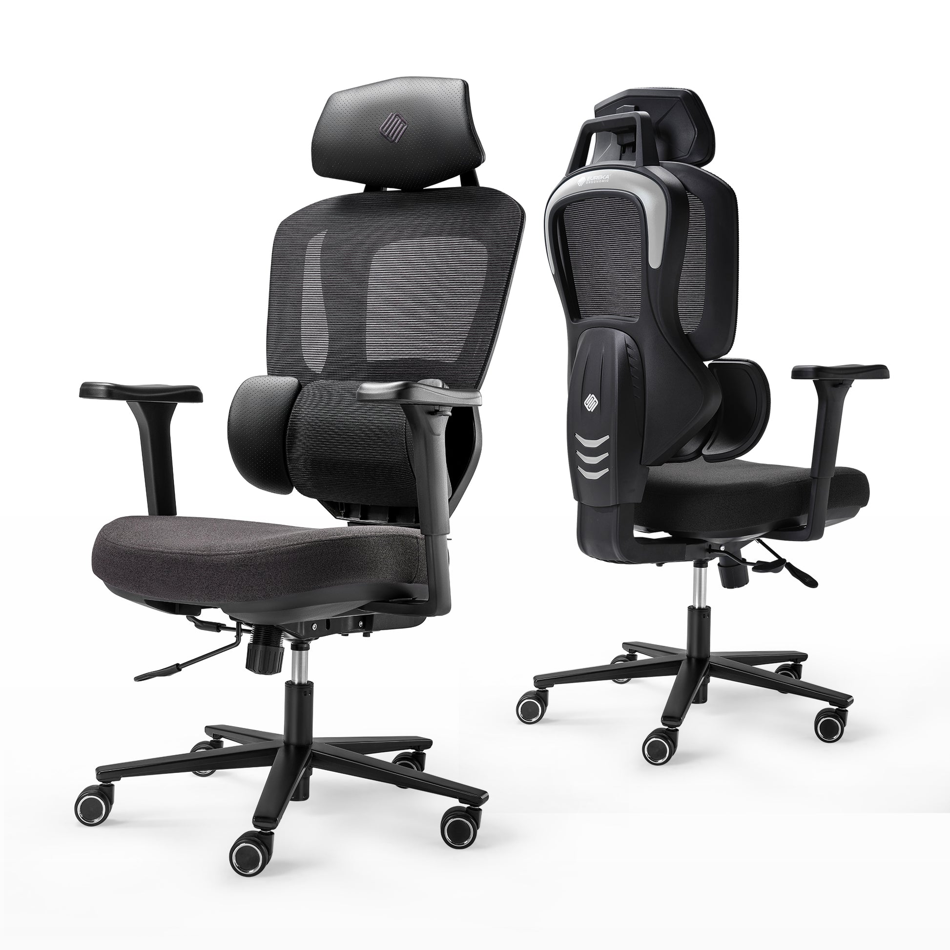 Front and back view of an ergonomic office chair, black|eurekaergonomic