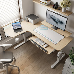 Eureka Ergonomic L-Shaped Standing Desk With Accessories, Maple Top, White Legs, Ergonomic Workspace Setup.