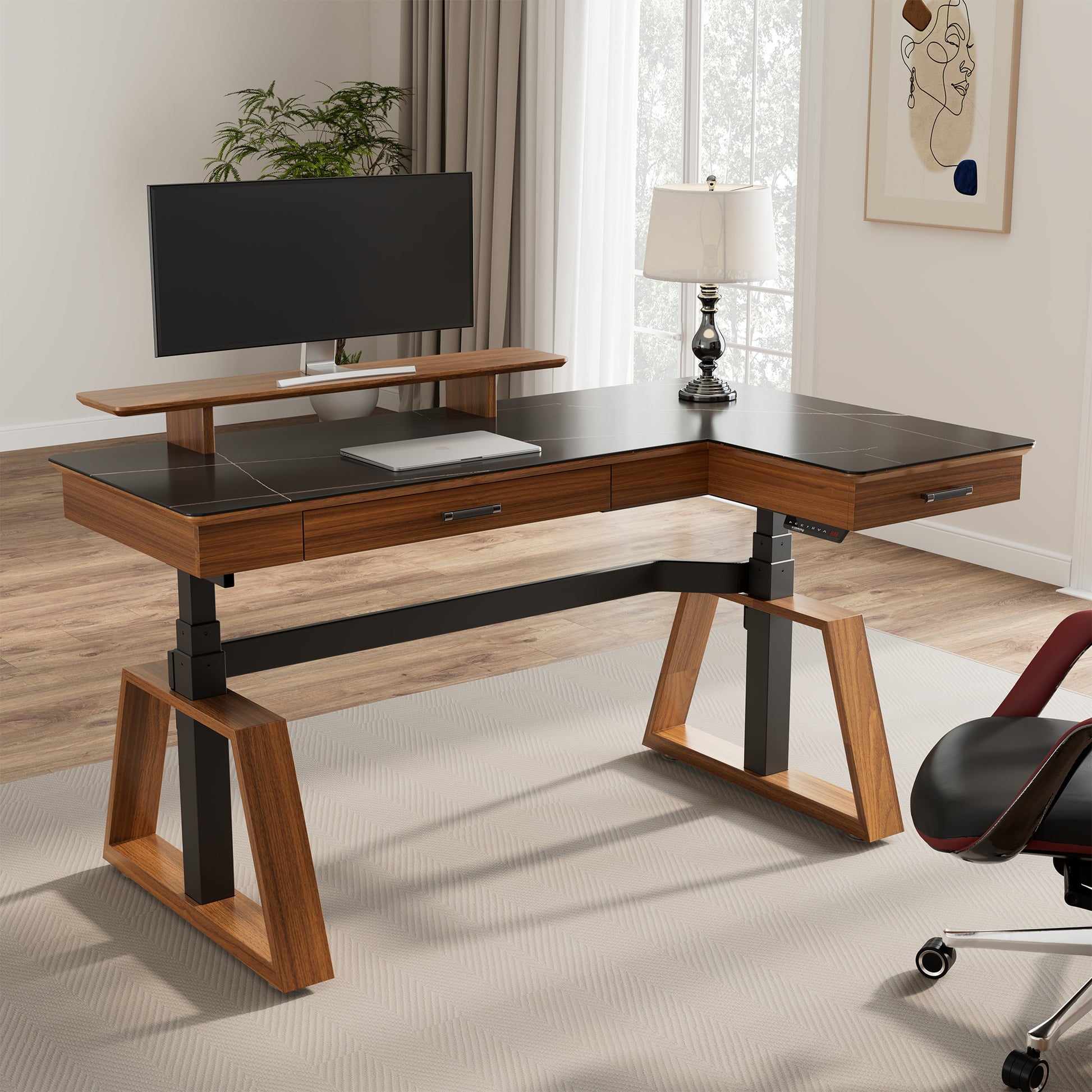 Ark L60 L Shaped Executive Slate Standing Desk with two-drawers and monitor riser