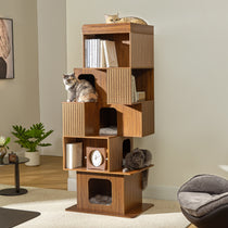 Eureka Ergonomic Pawlio 72" wooden bookshelf cat tree with three cats lounging, integrated into a modern living room.