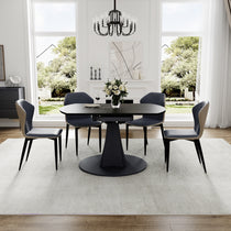 Amelia Round Extending Dining Table, Black Granite-Style Tabletop, Gray Chairs, Modern Dining Set.