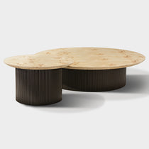 Modern Birch Veneer Coffee Table Set, Light Wood Top, Dark Ribbed Base, Ideal for Contemporary Living Rooms.