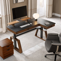 Eureka Ergonomic Ark Pro L-Shaped Standing Desk With Black Sintered Stone Top and Wooden Accents.