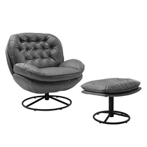 Gray Tufted Armchair and Ottoman Set With Black Metal Base. Modern Living Room Furniture.