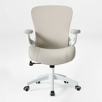 Eureka Ergonomic Vera ergonomic office chair, light grey PU leather seat, back, and armrests with white frame and base, on black casters.