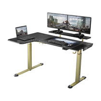 Eureka Ergonomic Call of Duty gaming standing desk with gold accents, dual monitors, keyboard, and Warzone mousepad.