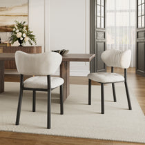 Nibbles Dining Side Chairs Set of 2 in a Modern Dining Room, White Geometric Fabric, Dark Legs.