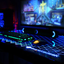 Eurekadesk Rgb Gaming Desk Setup With Illuminated Keyboard, Mouse, and Monitor, Blue Lighting, Gaming Accessories.