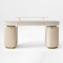 Eureka Ergonomic Opal Oval Executive Fixed Height Desk in Light Beige With Marble Top and Storage.