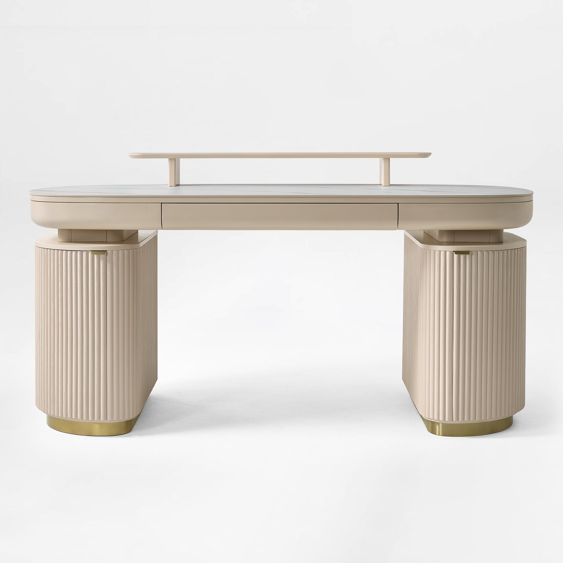 Eureka Ergonomic Opal Oval Executive Fixed Height Desk in Light Beige With Marble Top and Storage.