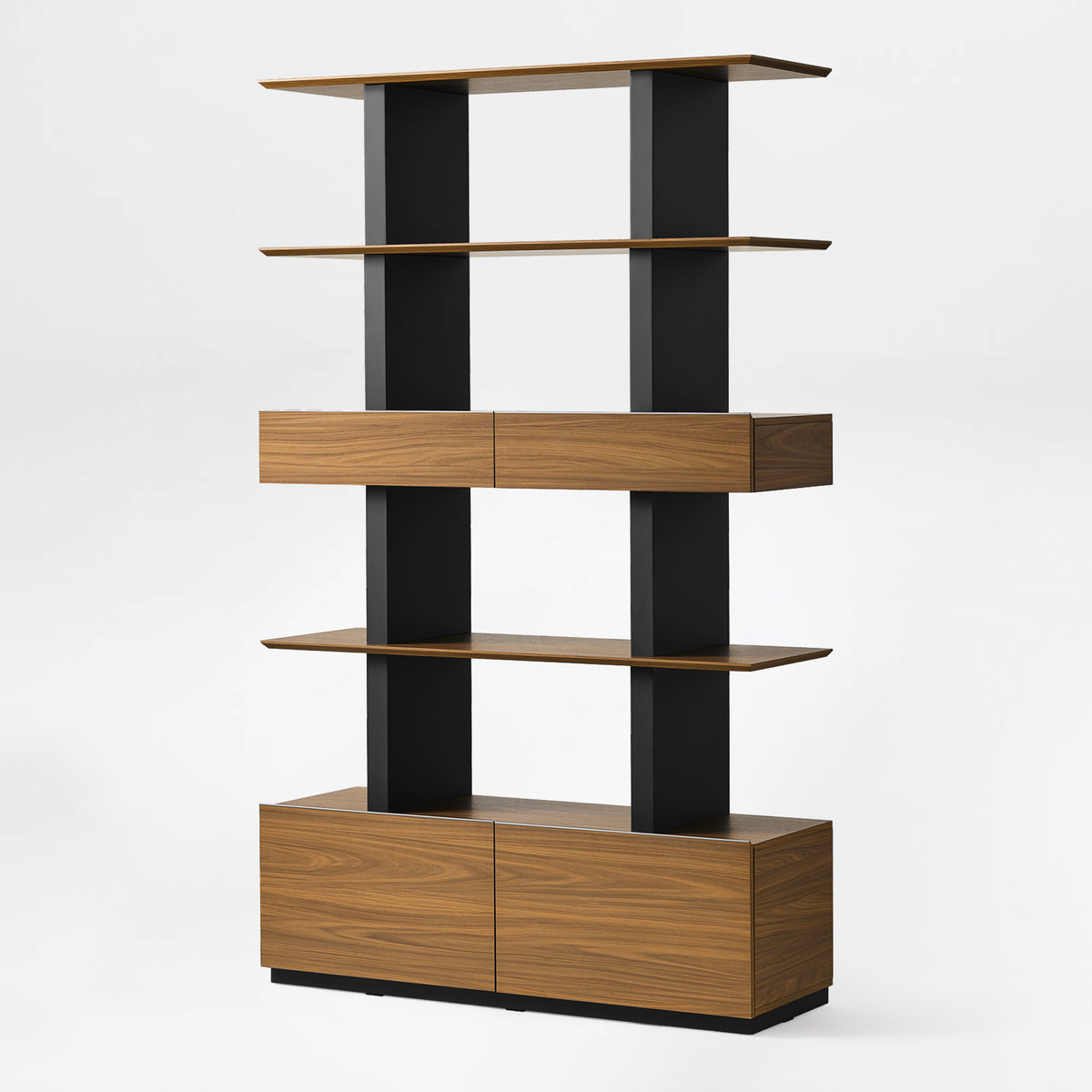 Eureka Ergonomic Ark 78 inch walnut bookshelf with drawers and display shelves, front view 