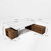 Eureka Ergonomic Zen Pro Executive Standing Desk, Dimensions Labeled, Sintered Stone Top and Wood Cabinets.