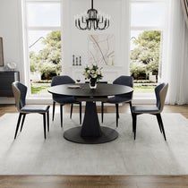 Amelia Round Extending Dining Table With Grey Chairs, Creating an Elegant Dining Setting.