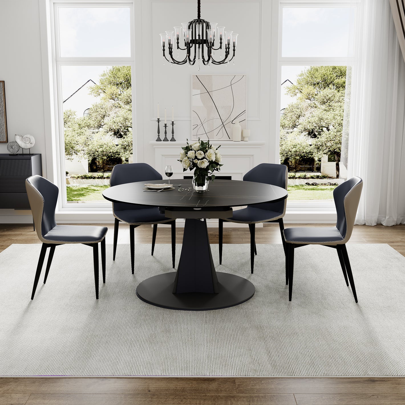 Amelia Round Extending Dining Table With Grey Chairs, Creating an Elegant Dining Setting.