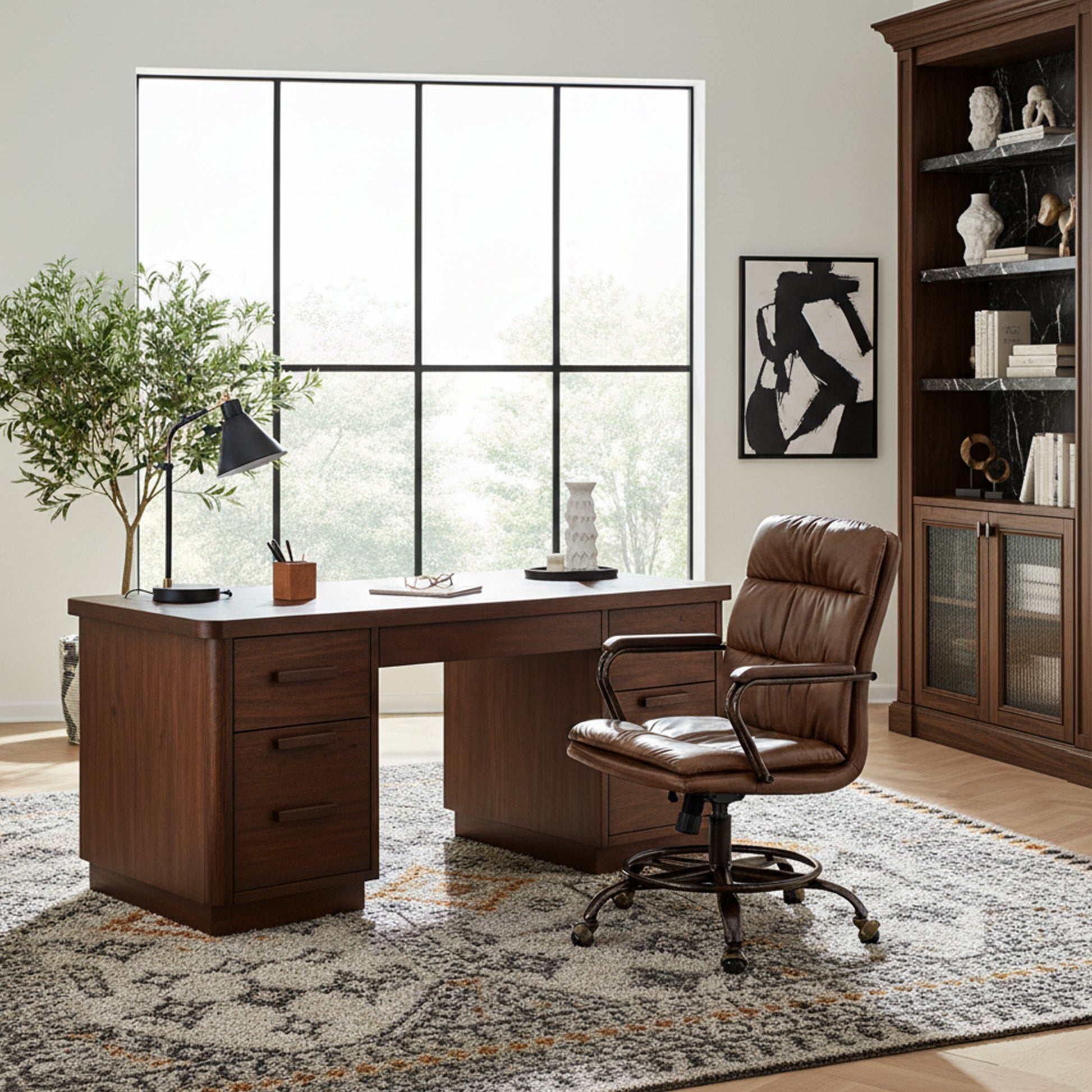 Eureka Ergonomic Brown PU leather home office chair with five-star base in a modern home office setting.