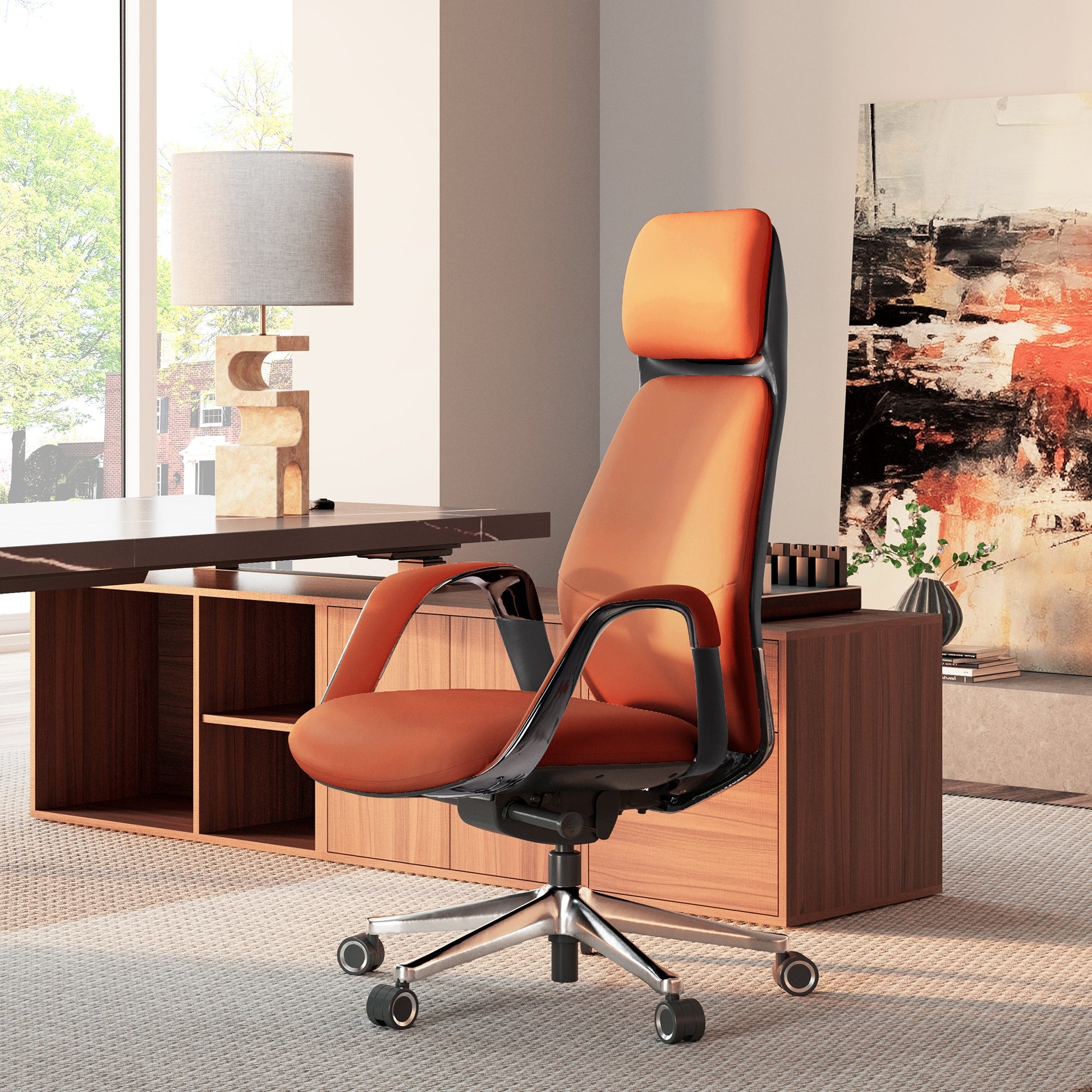 SERENE, Comfy Leather Executive Office Chair Luxury Napa Leather, Orange, Lifestyle Featuring Zen Desk