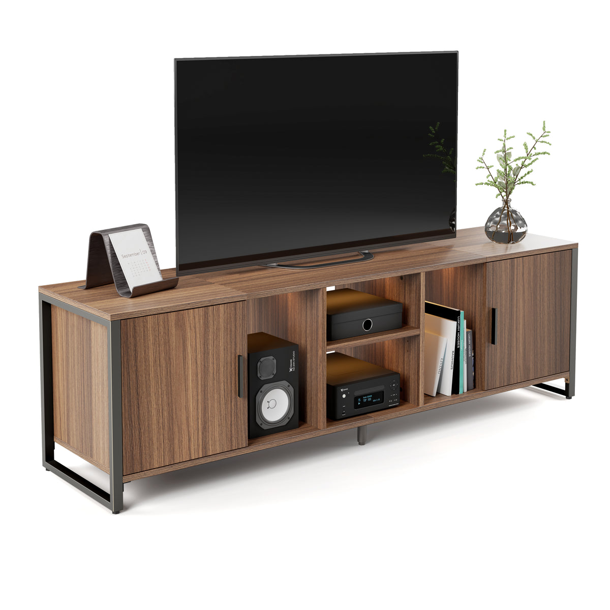 A modern media console cabinet with sleek lines and ample storage
