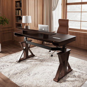 Ark Sws Pro Executive Standing Desk With Dark Wood Finish, X-Shaped Legs in a Modern Home Office Setup.