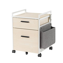 Light Wood Rolling File Cabinet With Drawer and Fabric Storage, Perfect for Office Organization.