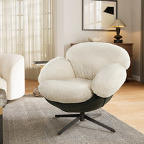 Cara Modern Swivel Lounge Chair in White Lamb Velvet and Black Leather Base, 360 Degree Swivel, Neutral Modern Design.