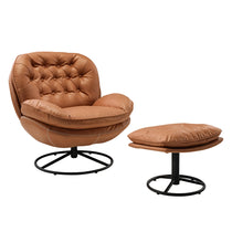 Brown Tufted Armchair With Ottoman, Black Metal Base, Perfect for Modern Living Room.