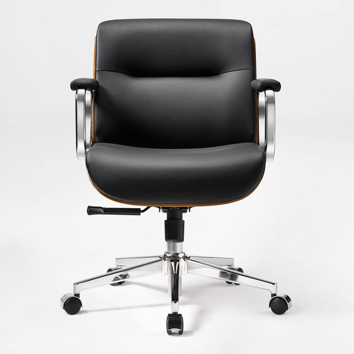 Eureka Ergonomic black Mathias Mason low back office chair shown from the front on a white background
