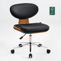 Eureka Ergonomic Black faux leather office chair with walnut veneer shell and chrome base on casters.